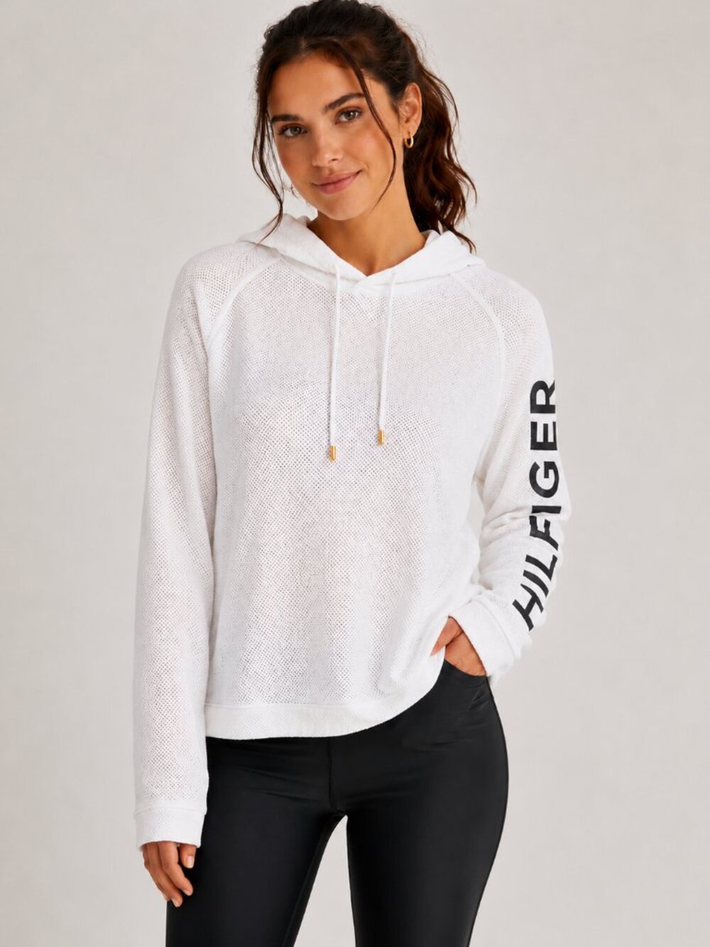Tommy Hilfiger Sport White Mesh Hoodie Pullover Logo Large